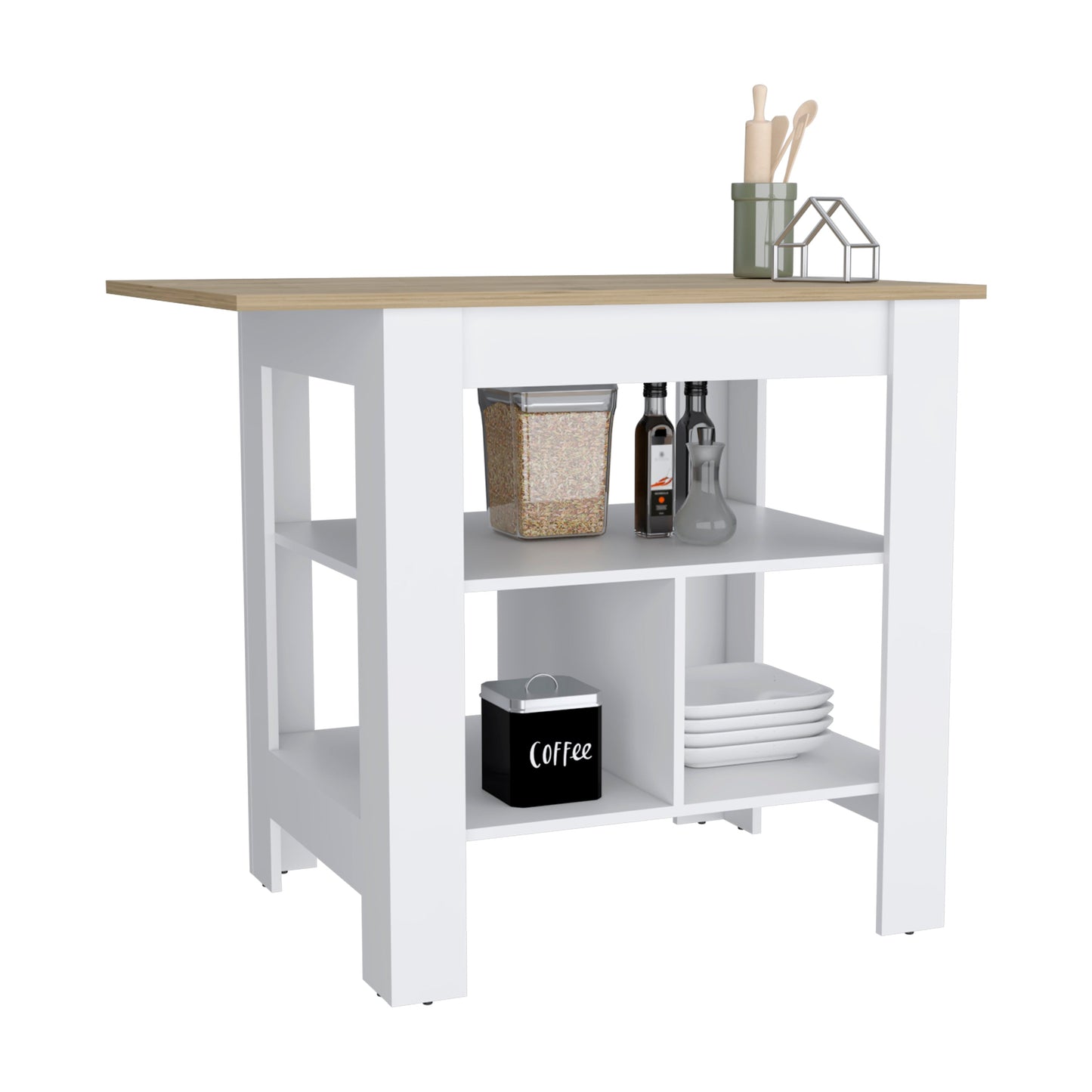 White kitchen island with oakeffect countertop and open shelving
