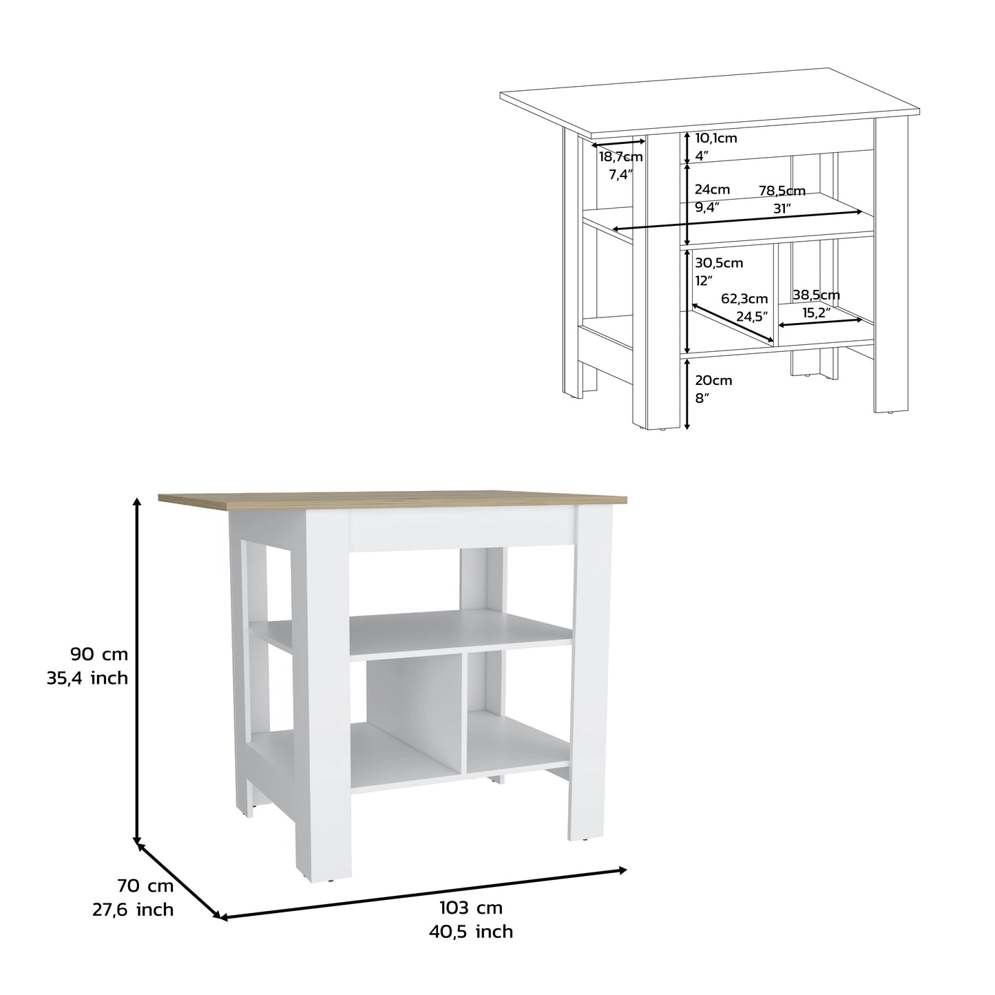 White modern console table with light wood top and multiple shelves for storage