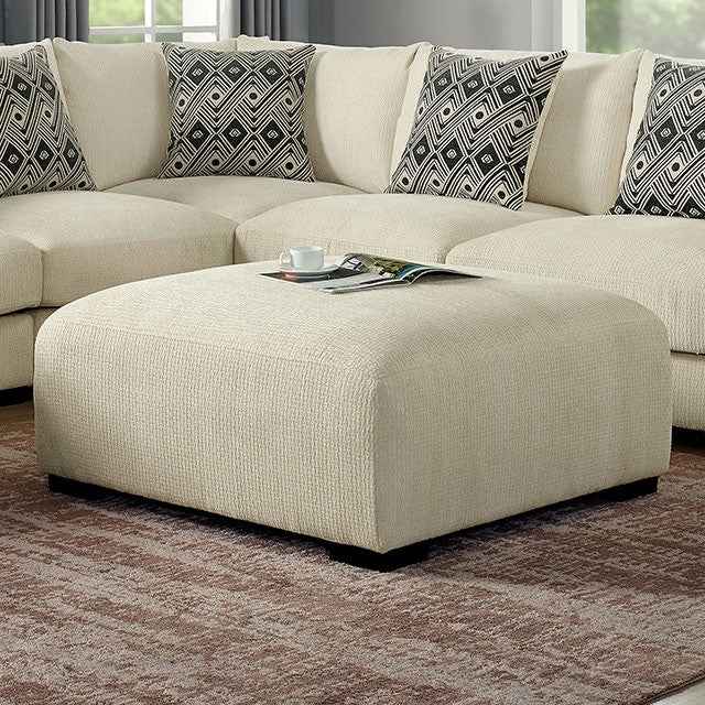 Cream textured square ottoman with minimalist design perfect for living rooms