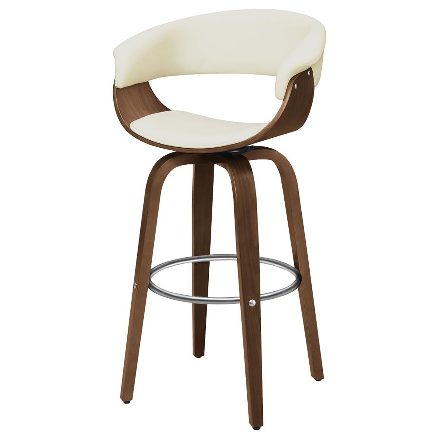 Cream upholstered curved back bar stool with walnut wood base and silver footrest