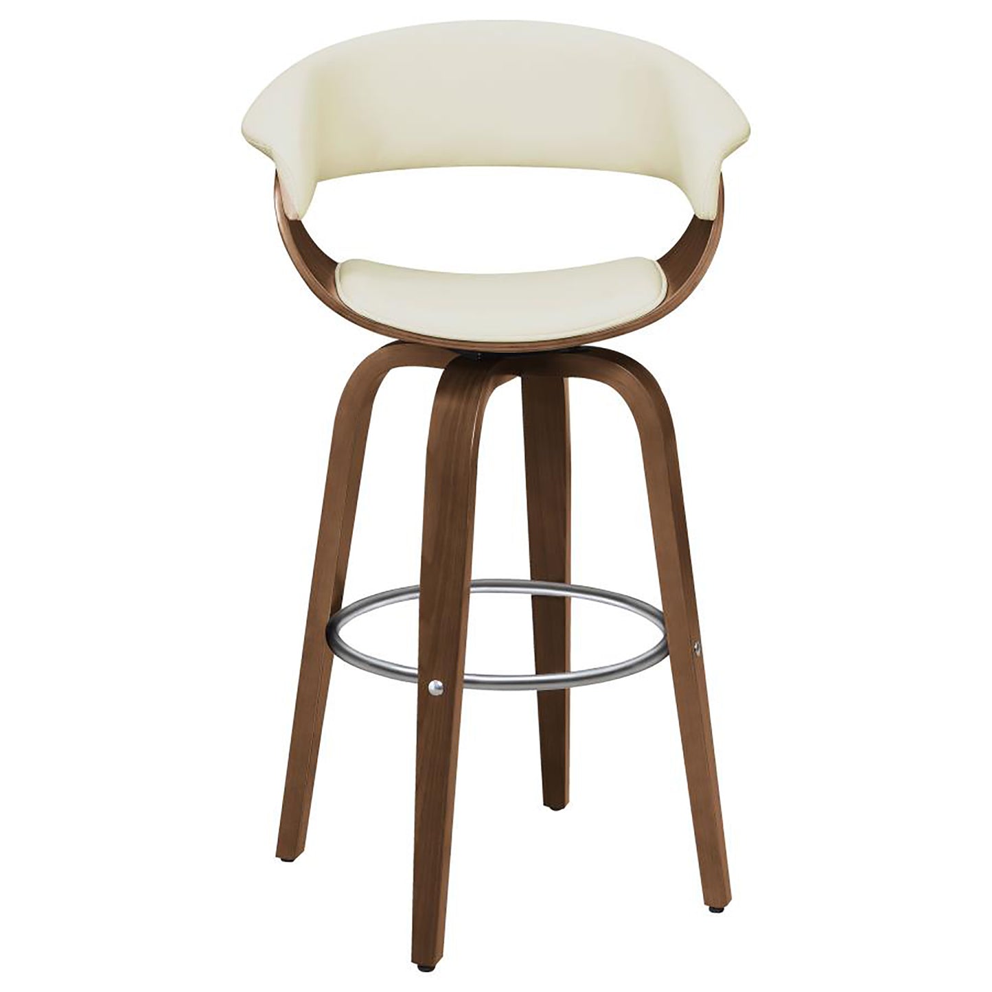 Cream upholstered modern bar stool with walnut wood base and silver footrest