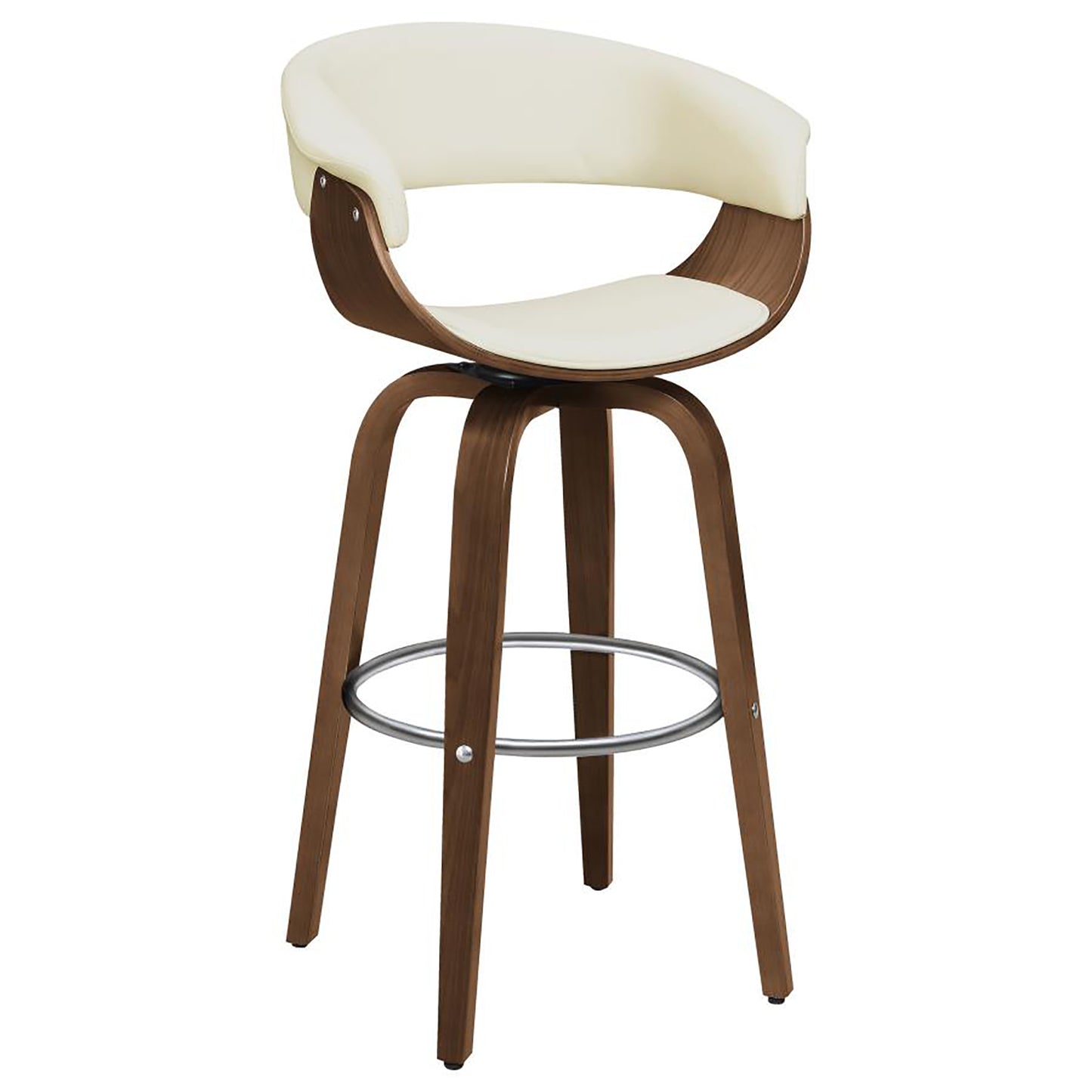 Swiveling counter stool with a creamy white upholstered seat and backrest on a curved wood frame
