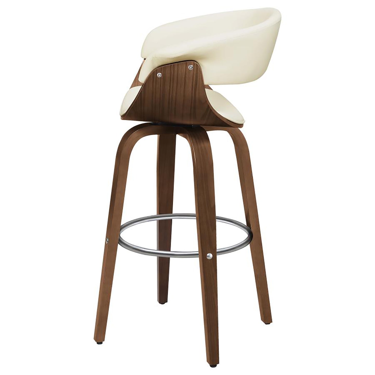 Modern cream leather swivel bar stool with walnut wood base and chrome footrest