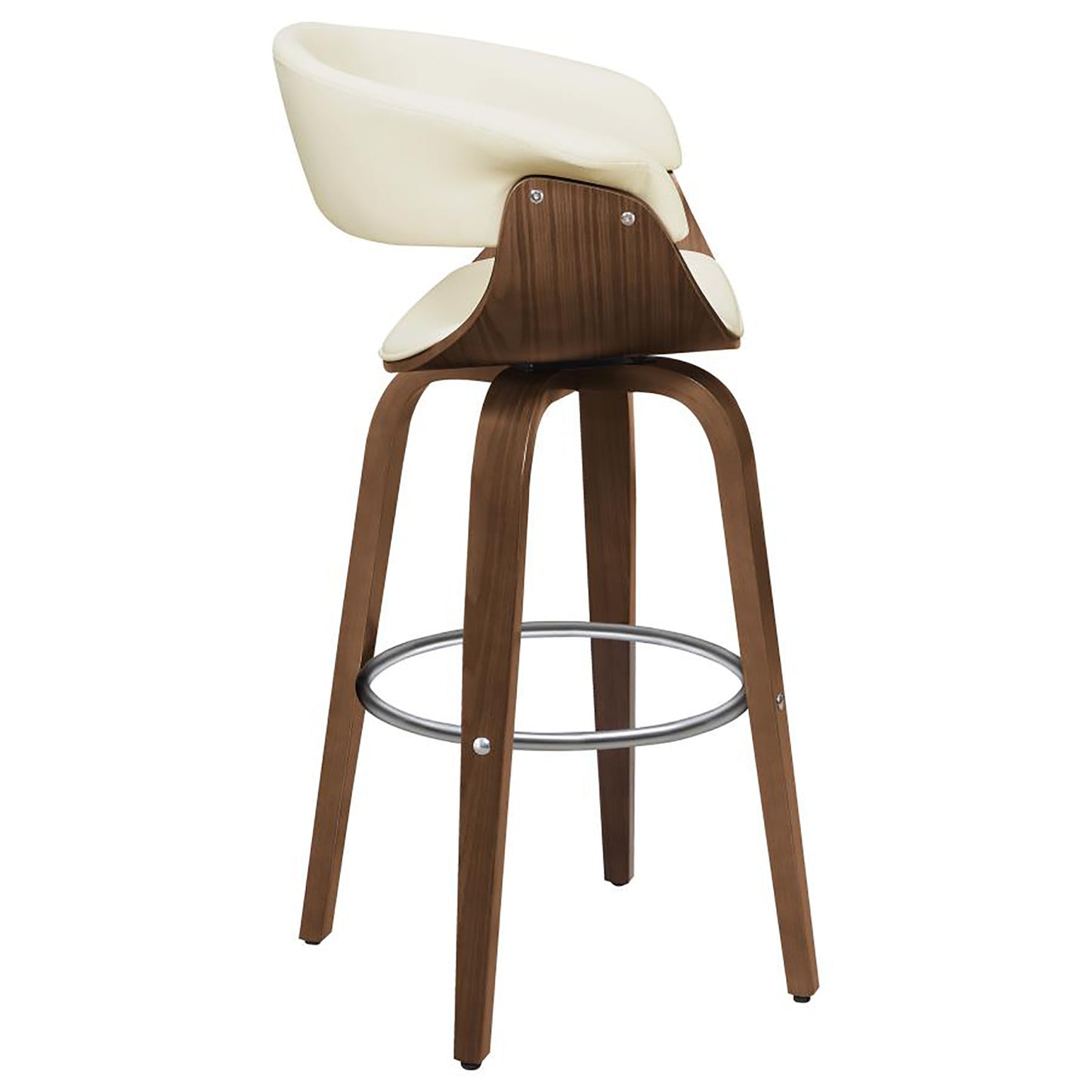Cream upholstered swivel bar stool with molded walnut wood base and silver footrest