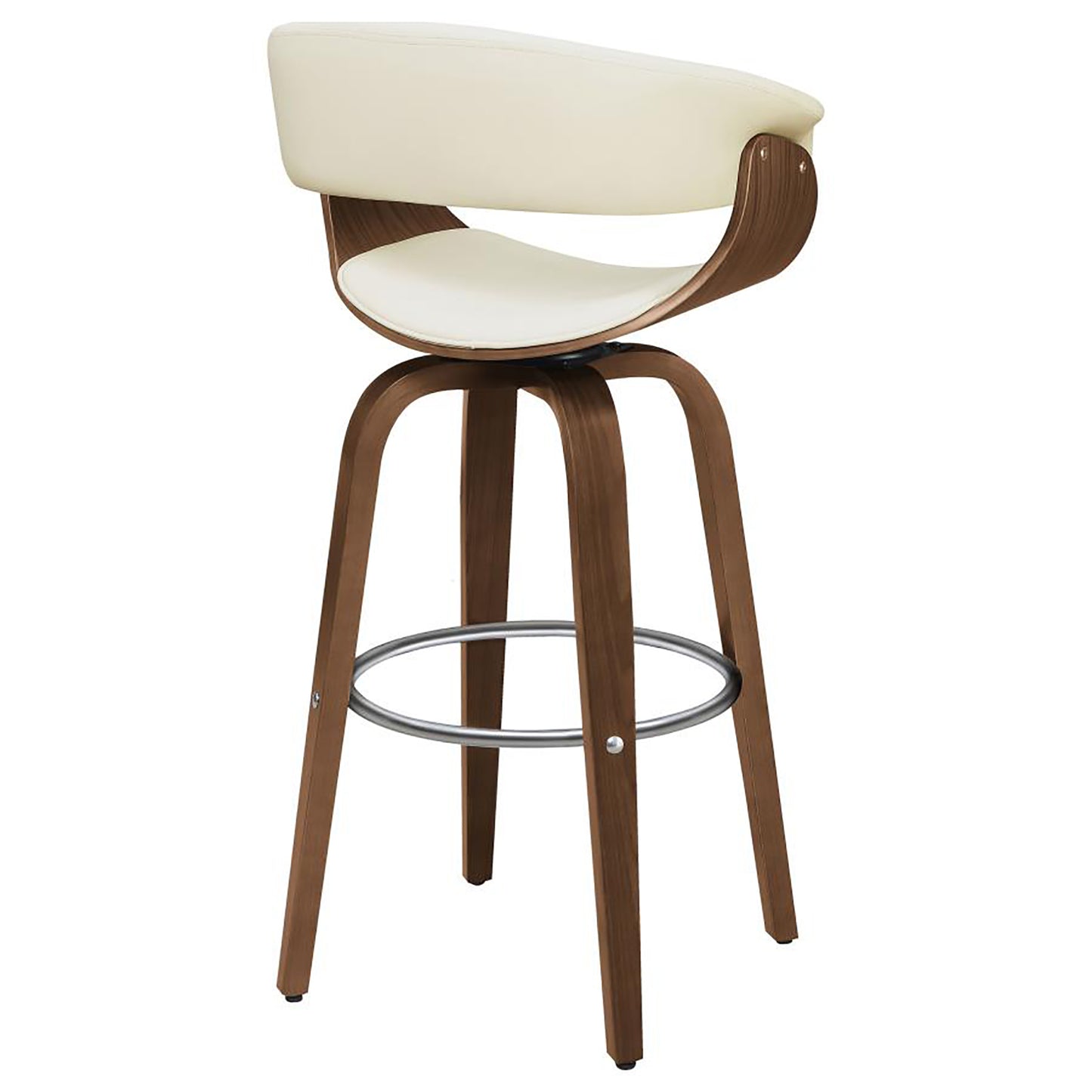 Cream upholstered swivel bar stool with walnut wood curved frame and chrome footrest