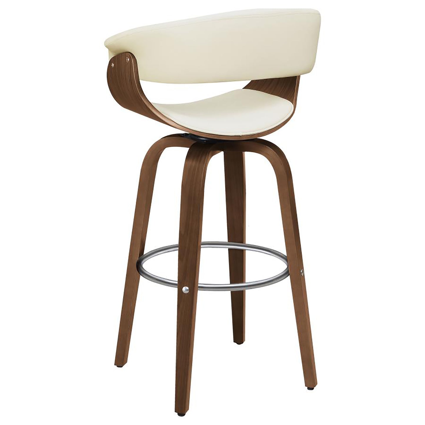Cream upholstered swivel bar stool with walnut wood frame and chrome footrest