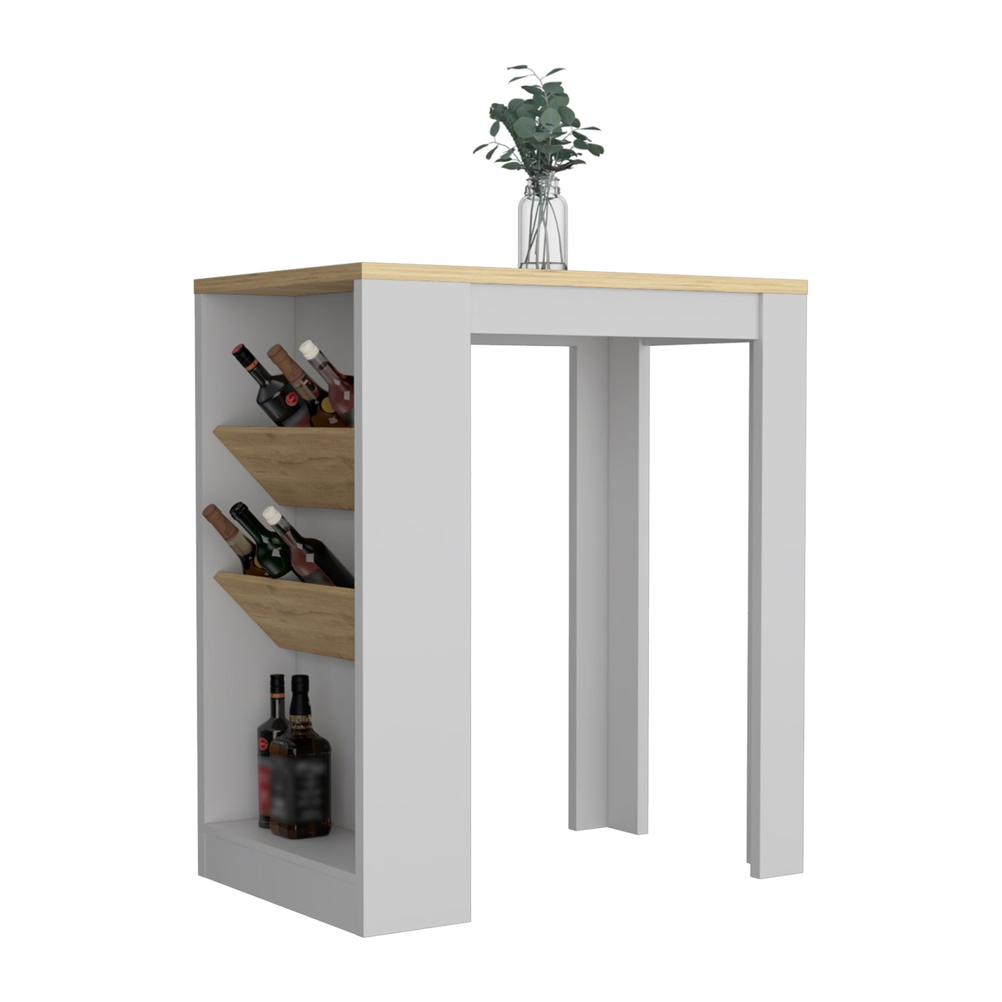 Modern white bar table with oak accents and builtin wine rack