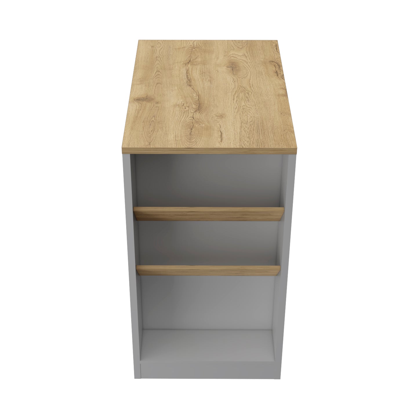 Light grey narrow storage cabinet with oak wood top and shelves