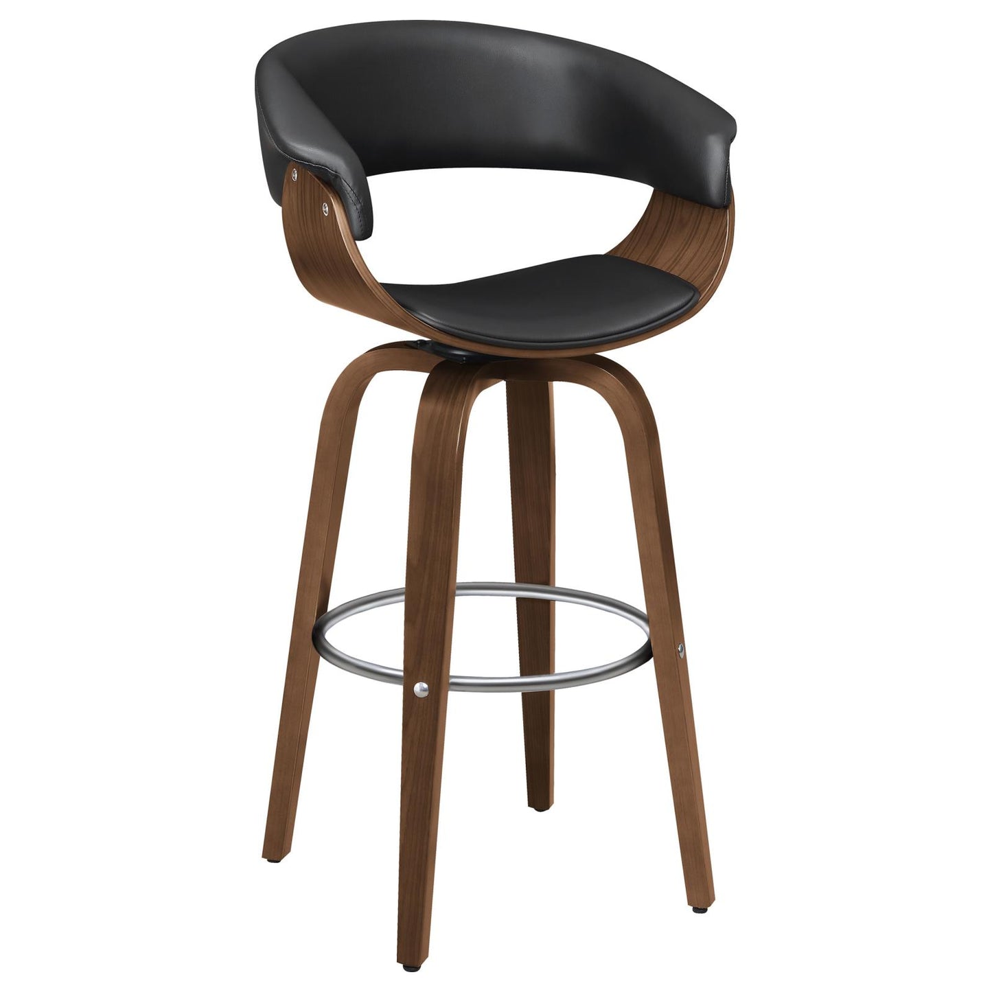 Black leather swivel bar stool with curved walnut wood base and chrome footrest