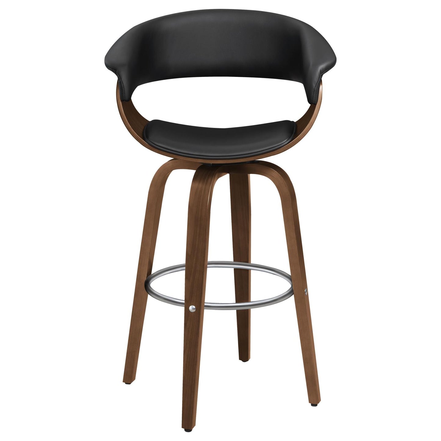 Modern black leather and walnut wood swivel bar stool with silver footrest