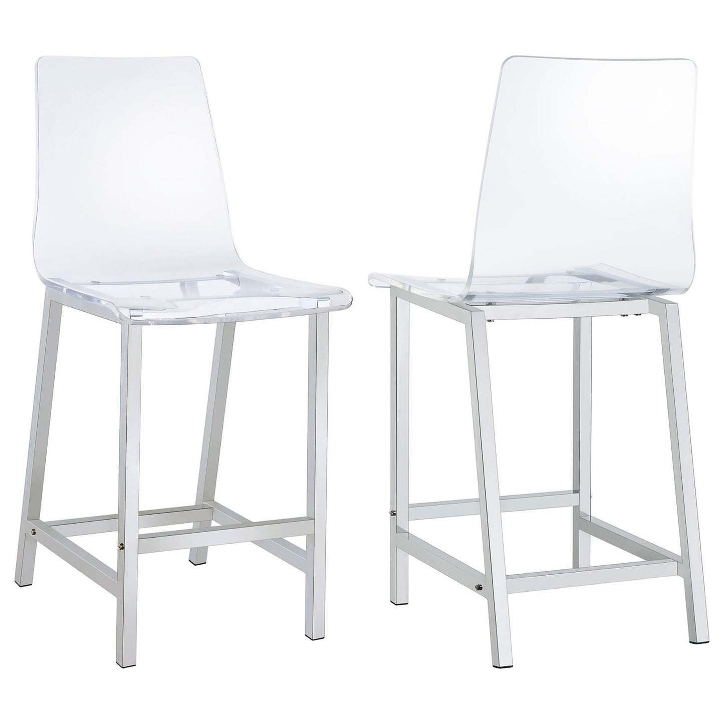 Two clear acrylic counter stools with chrome metal legs