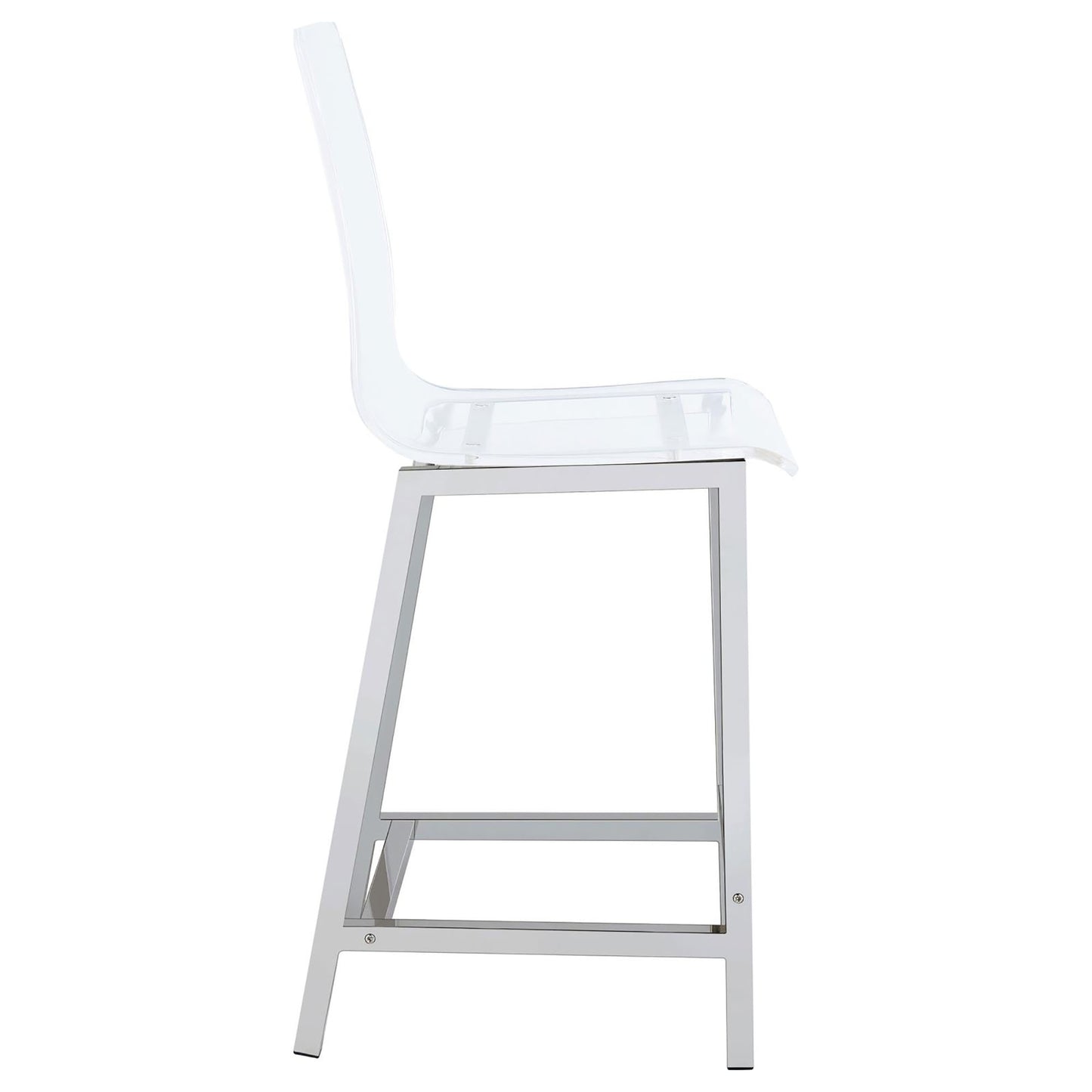 Modern clear acrylic bar stool with silver metal legs and curved backrest