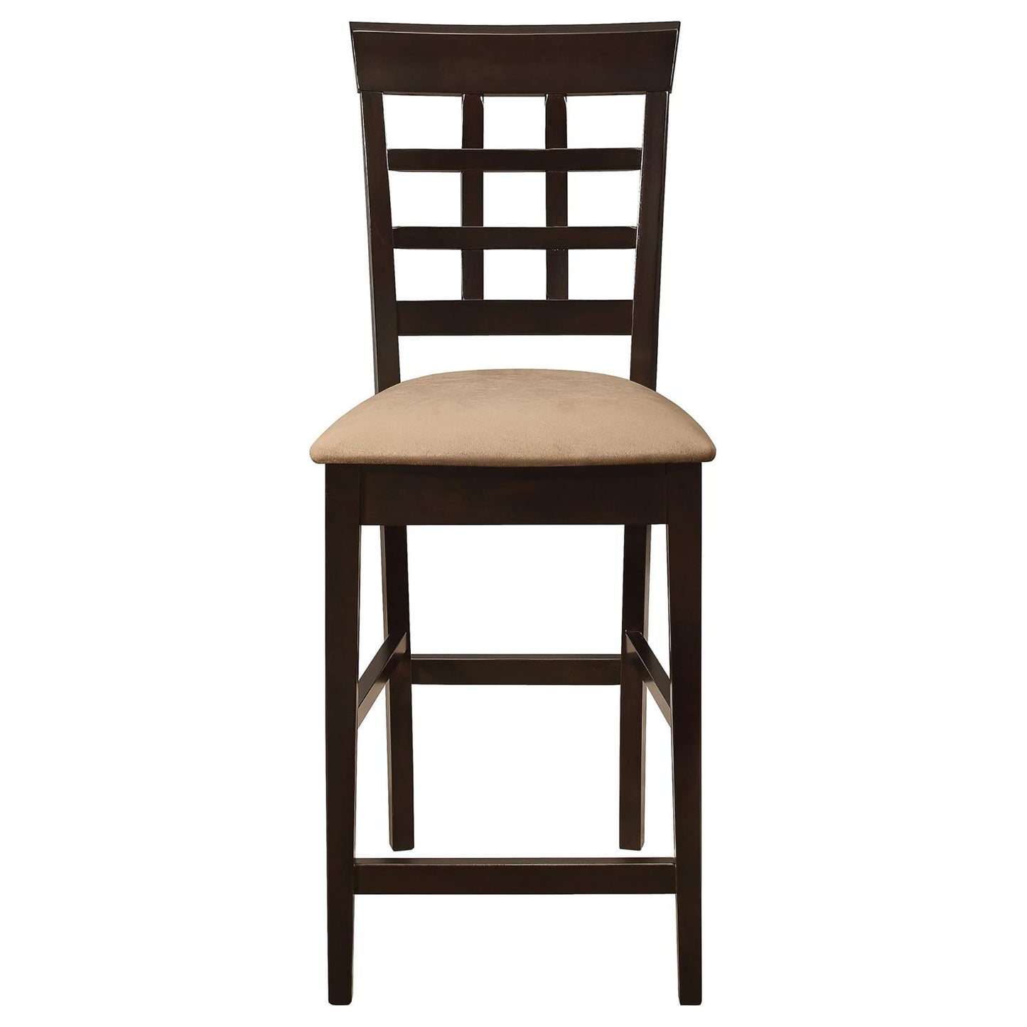Dark wood counter height stool with beige upholstered seat and grid backrest design