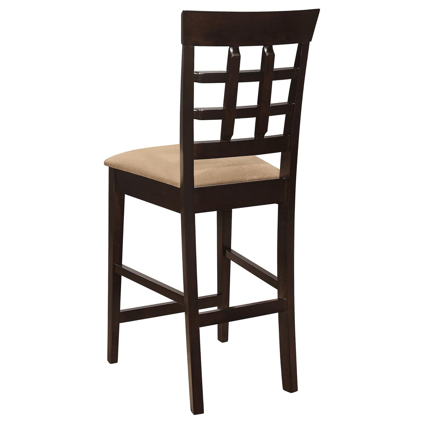 Dark brown wooden bar stool with a beige upholstered seat and geometric backrest