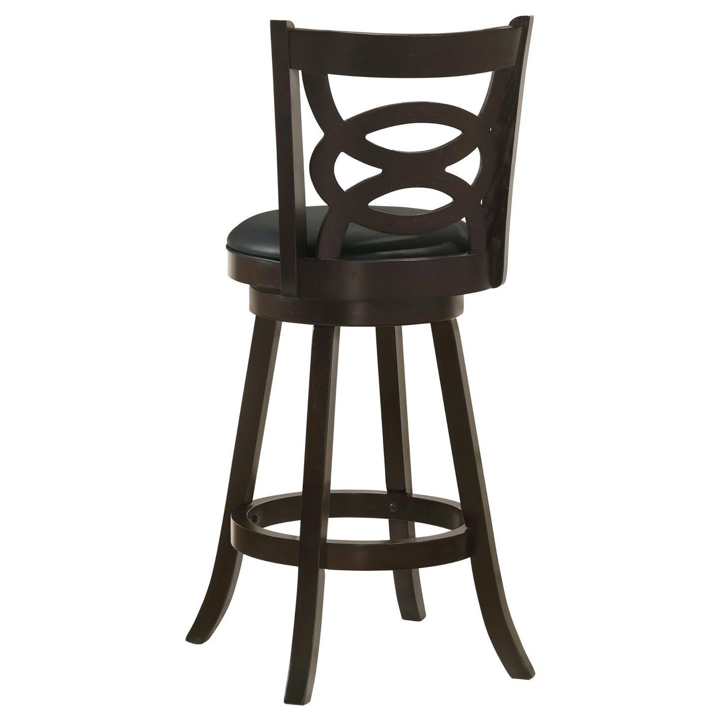 Dark brown wooden swivel bar stool with faux leather seat and circular back detail