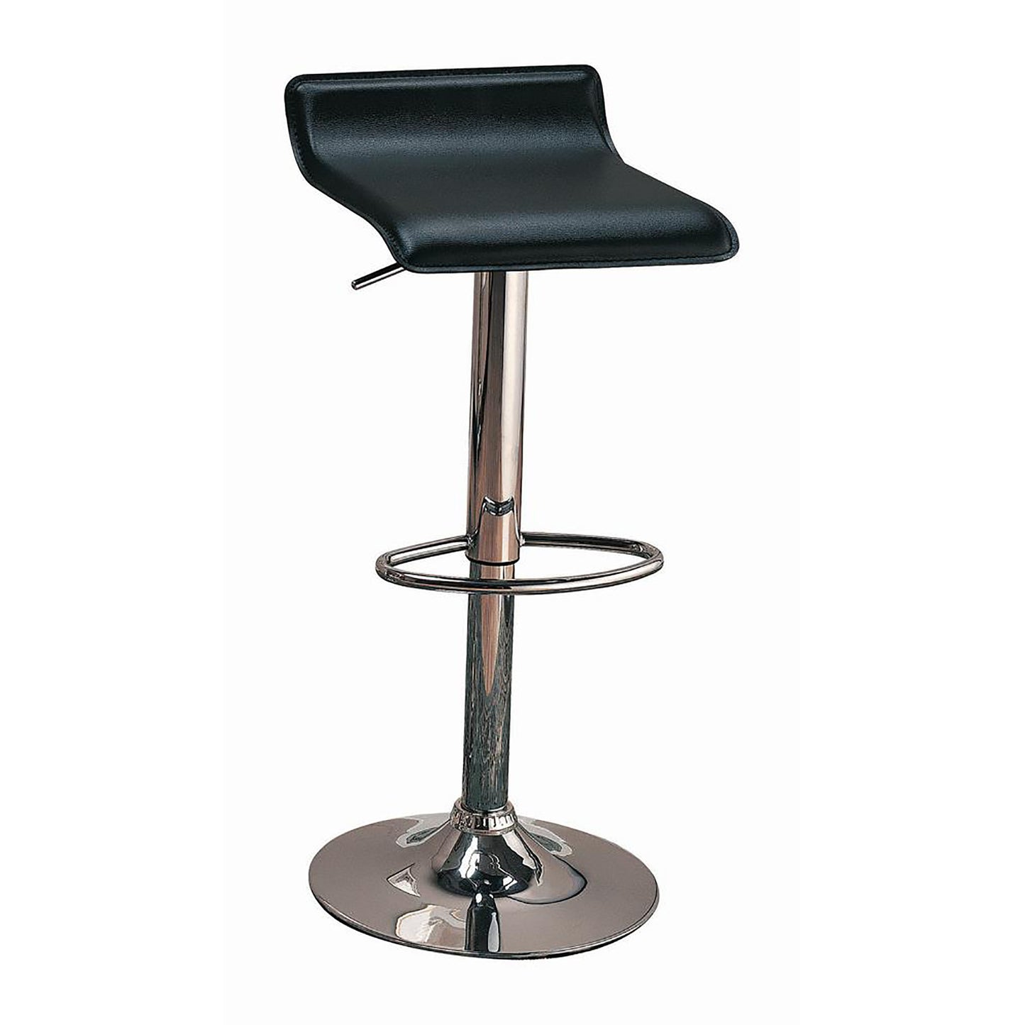 Black faux leather adjustable bar stool with chrome base and footrest