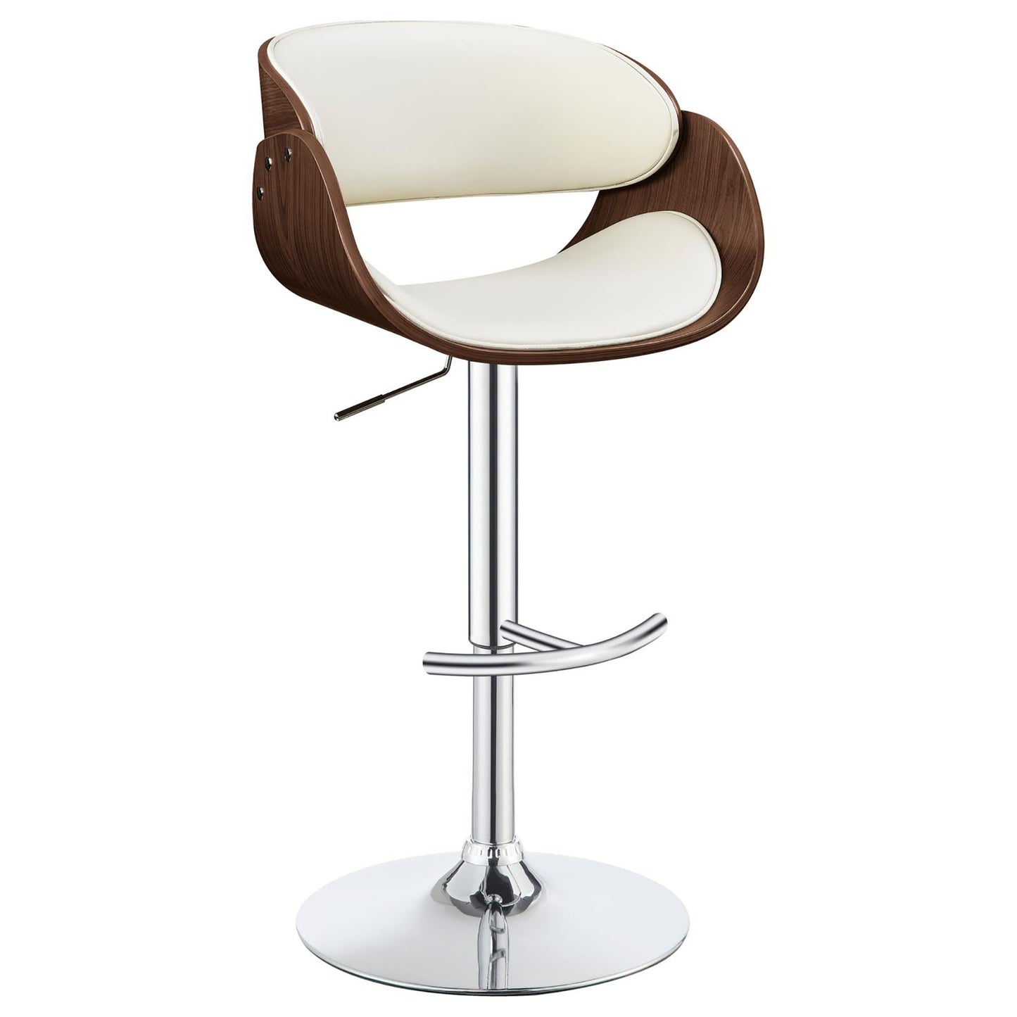Adjustable swivel bar stool with curved wood shell and white faux leather seat