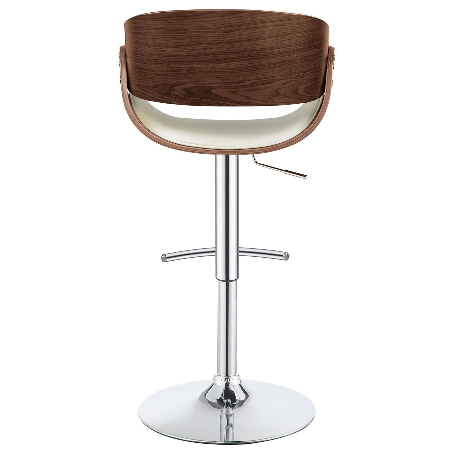 Adjustable bar stool with dark wood curved back and white seat on chrome base