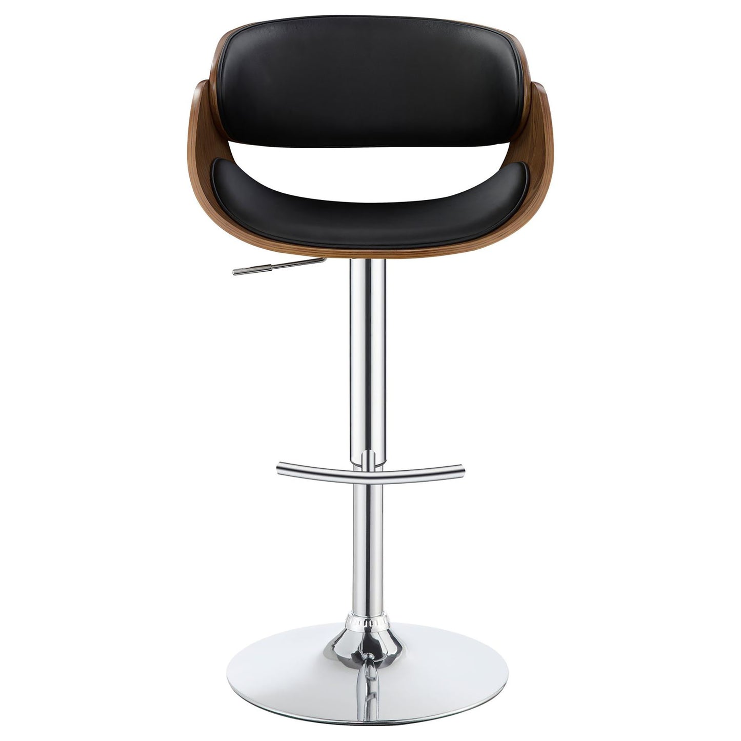 Curved walnut veneer shell with black faux leather seat on a chrome adjustable bar stool