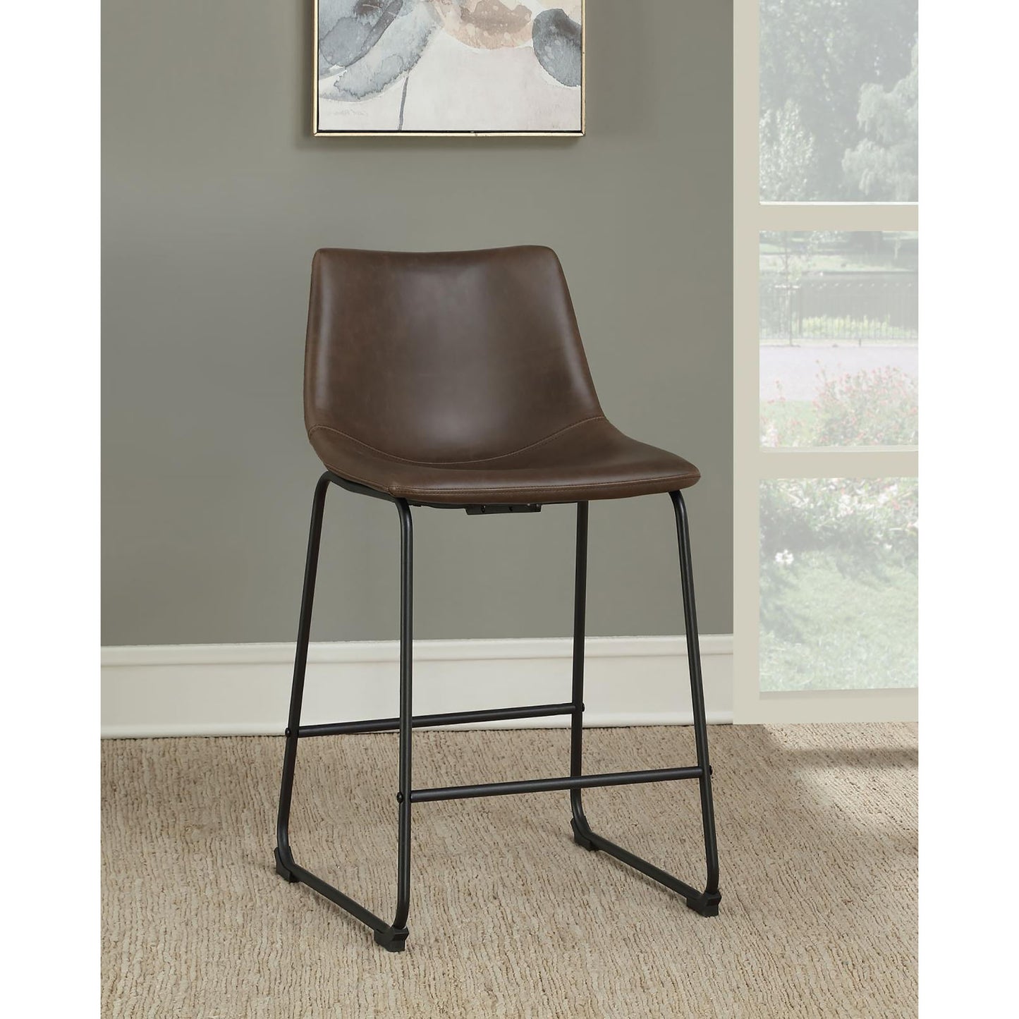 Brown faux leather counter stool with black metal legs and minimalist design