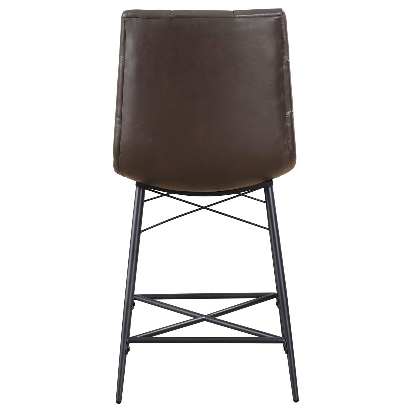 Dark brown faux leather tufted back bar stool with black metal legs and footrest