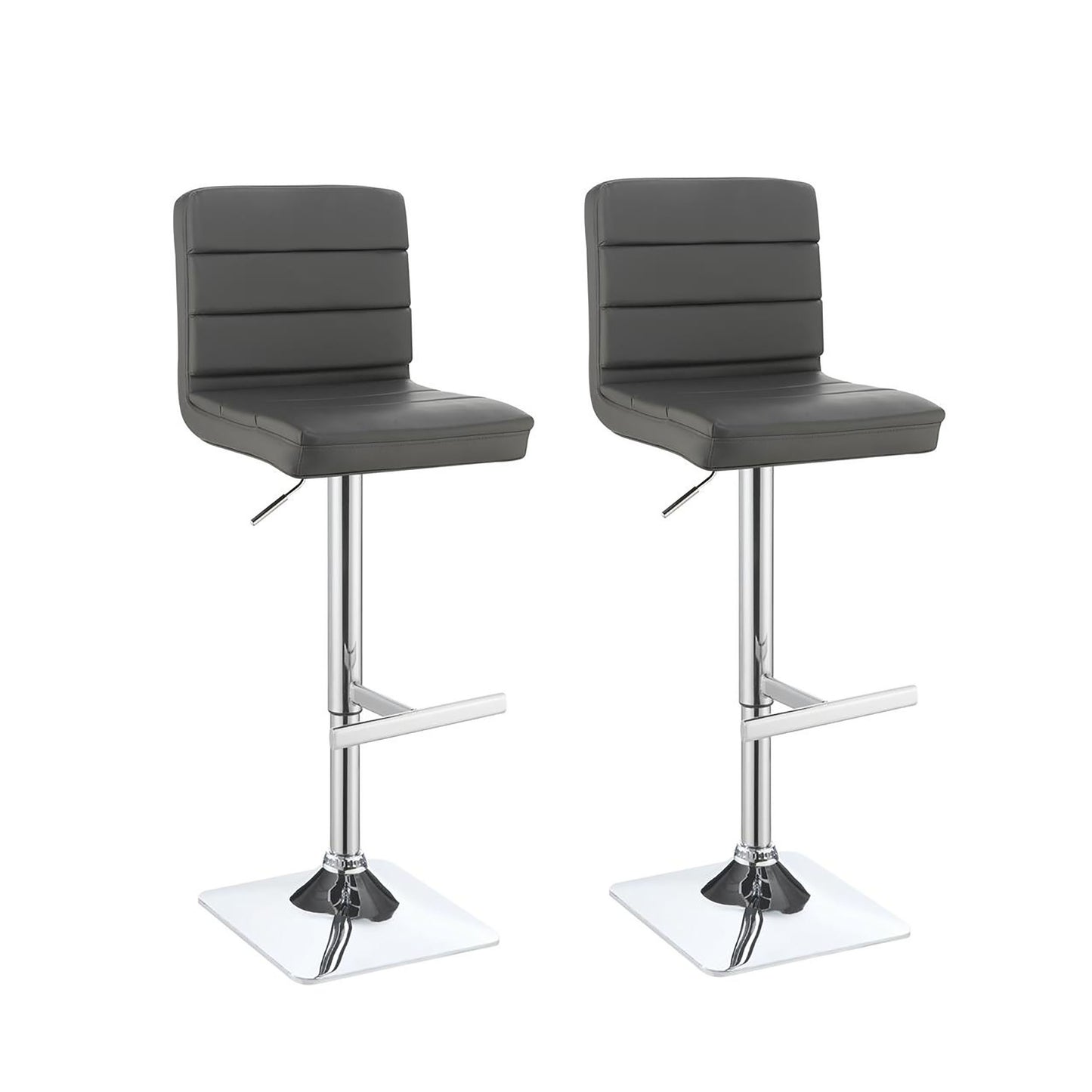 Pair of modern grey leatherette bar stools with adjustable chrome base