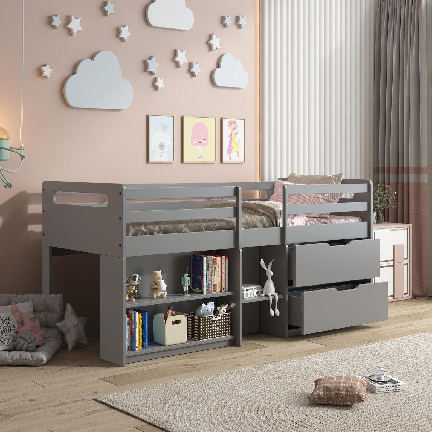Gray loft bed with builtin bookshelves and drawers ideal for kids bedrooms