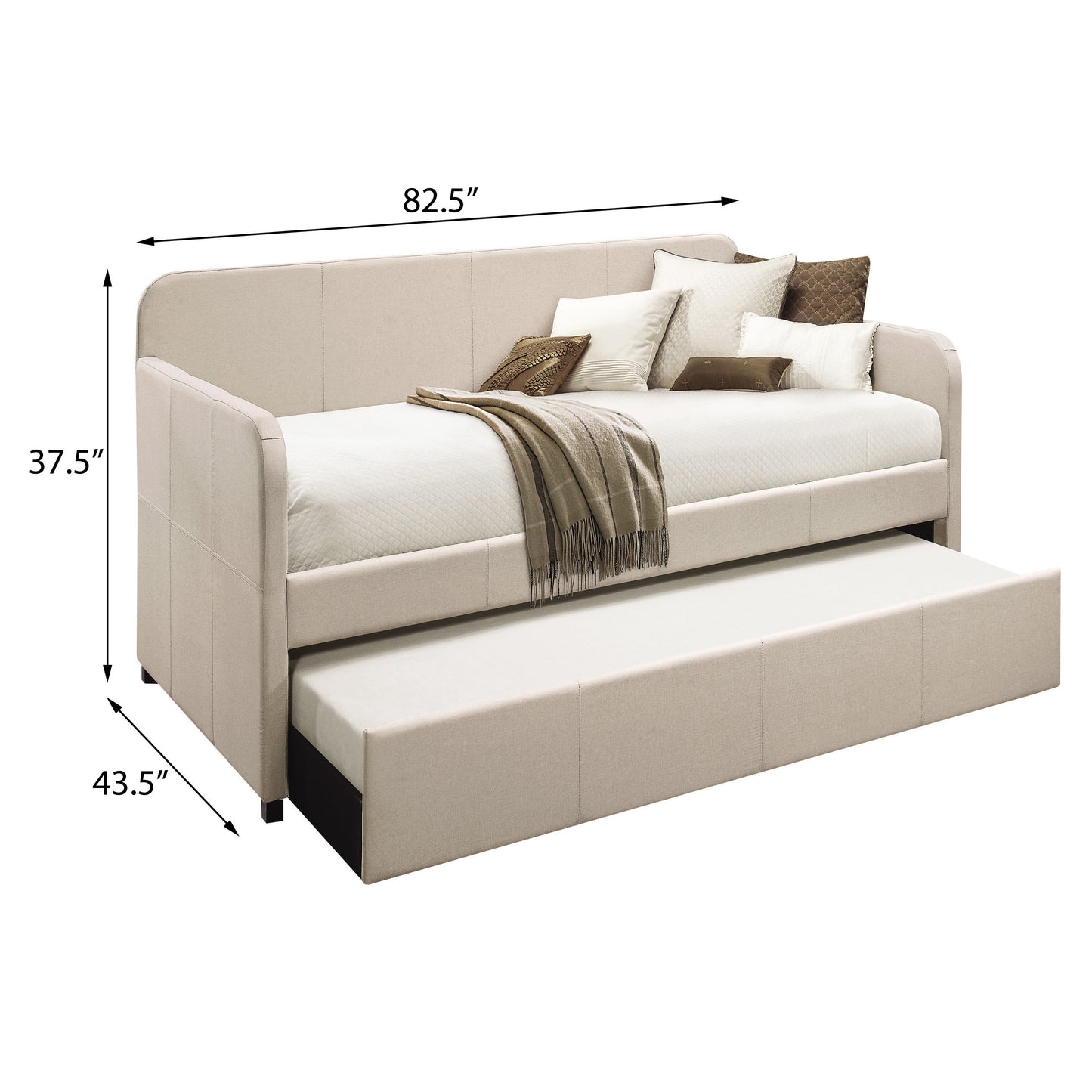 Beige upholstered twin daybed with a pullout trundle and decorative pillows
