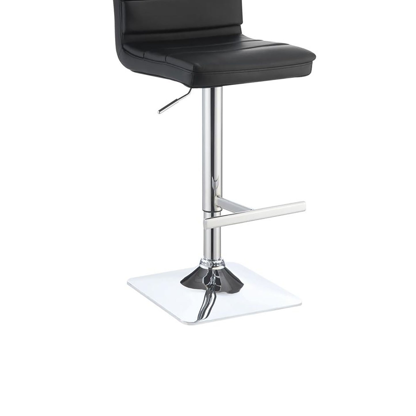 Black faux leather bar stool with polished chrome base and adjustable height lever