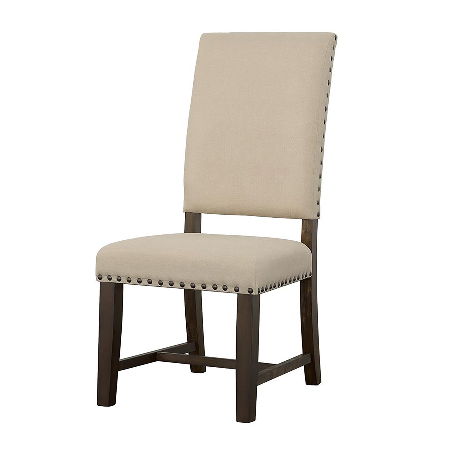 Beige upholstered dining chair with dark wood legs and decorative nailhead trim