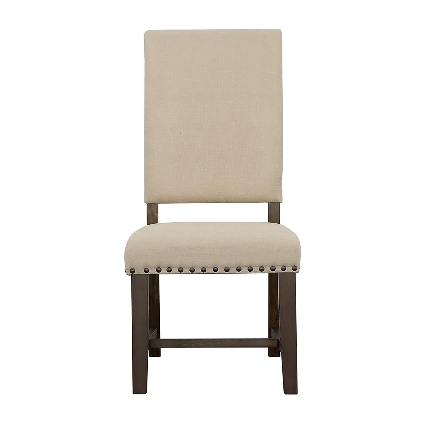 Upholstered dining chair with a neutral beige fabric and dark wood legs