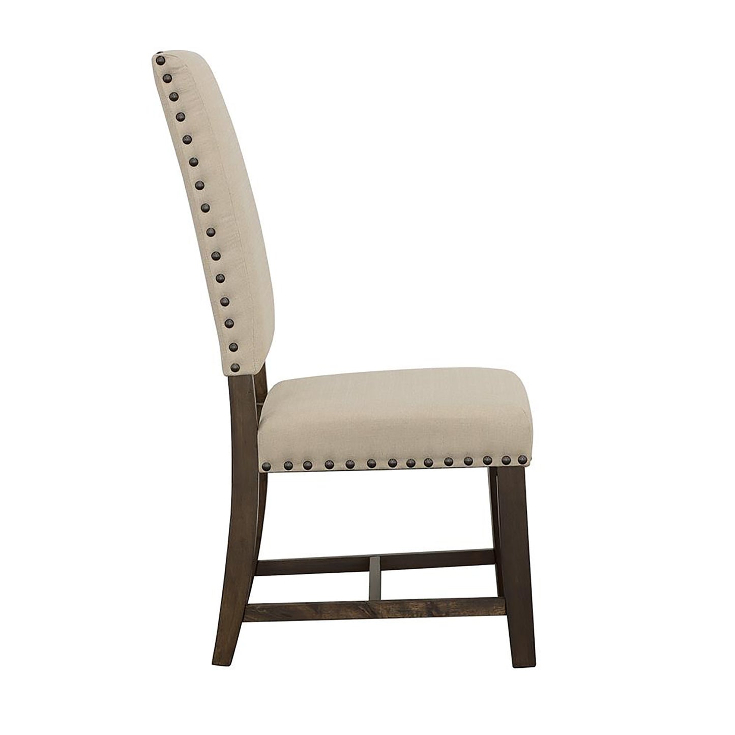 Beige upholstered dining chair with nailhead trim and dark wood legs