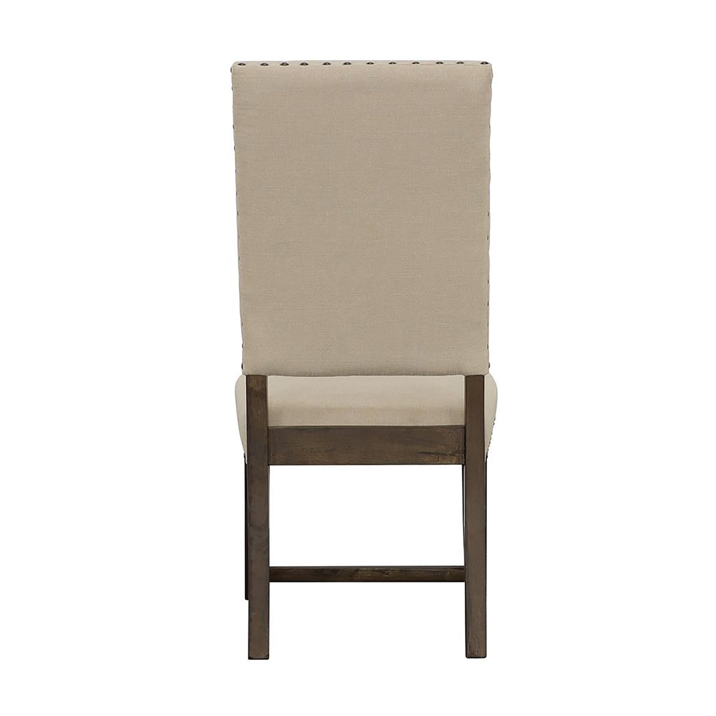 Tufted beige fabric dining chair with dark wood legs and nailhead trim