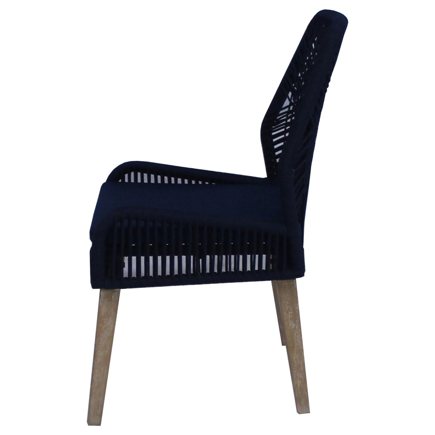 Navy blue woven armchair with light wood legs modern outdoor furniture