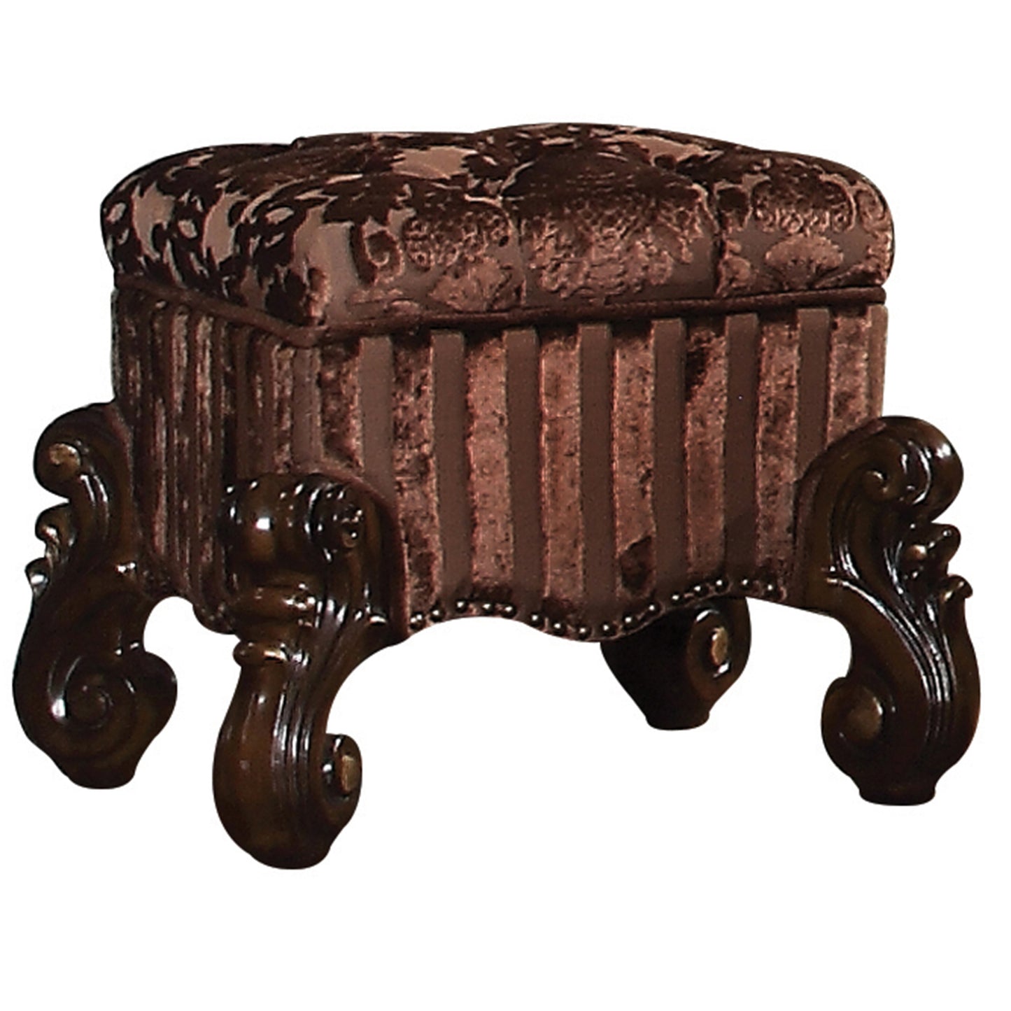 Tufted brown velvet ottoman with ornate carved dark wood legs perfect accent for living rooms