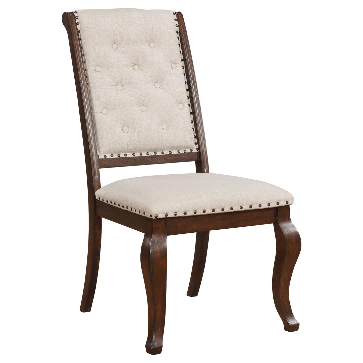Tufted back upholstered dining chair with nailhead trim and wooden legs