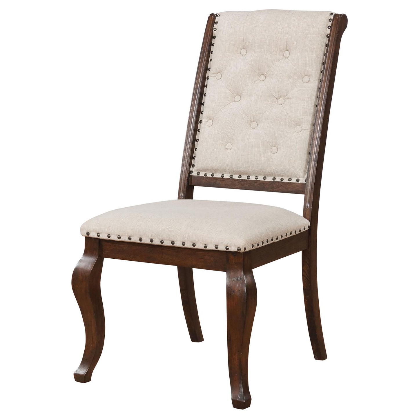 Tufted linen dining chair with dark wood frame and nailhead trim