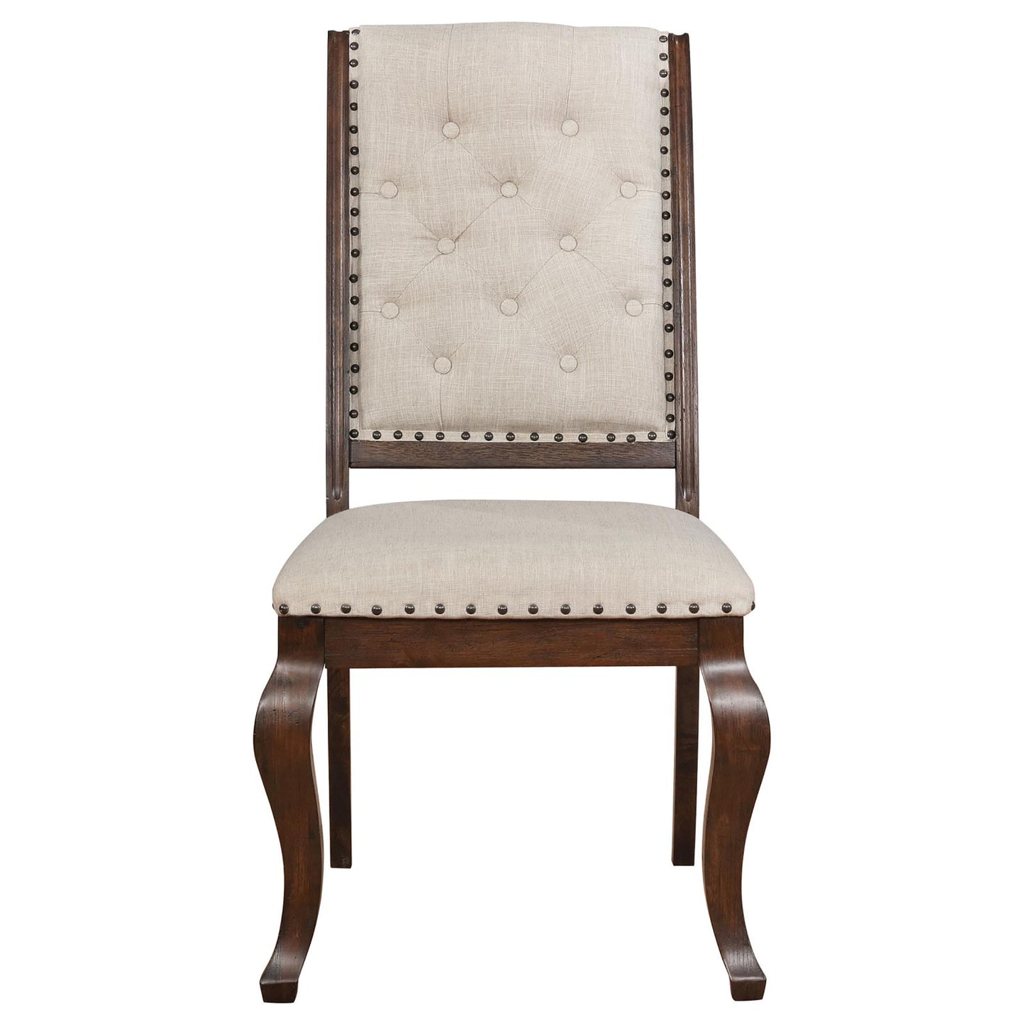 Tufted linen dining chair with nailhead trim and dark wood legs elegant design