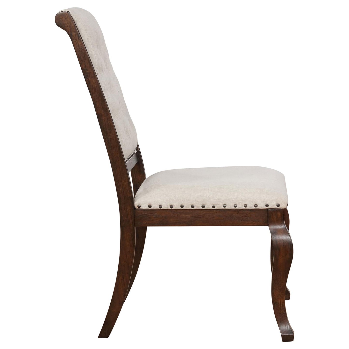 Upholstered dining chair with beige linen seat tufted back and dark wood legs
