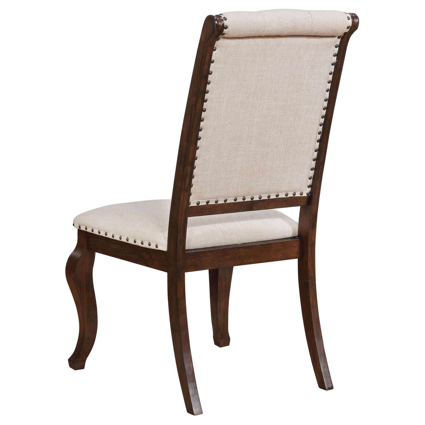 Elegant upholstered dining chair with nailhead trim and dark wood finish