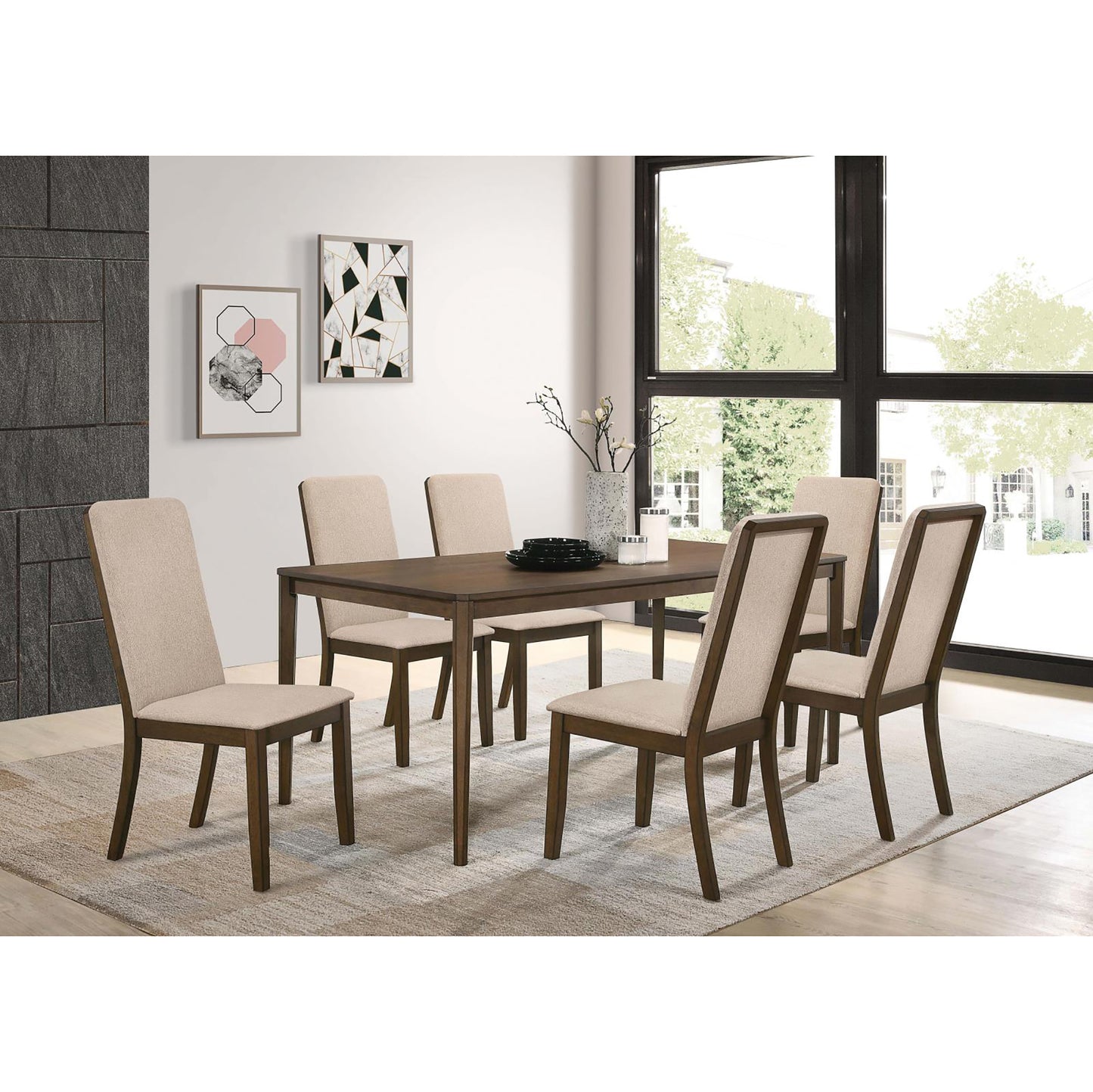 Dark wood dining table and chairs set with beige upholstered seats ideal for modern homes