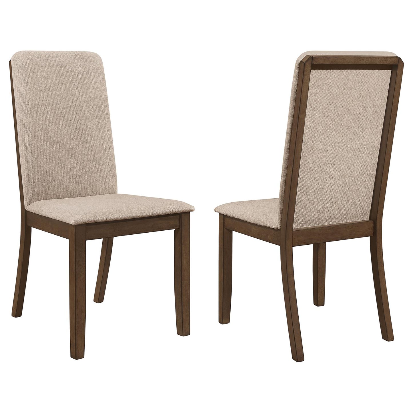 Two upholstered dining chairs with warm wood frames and neutral fabric seats