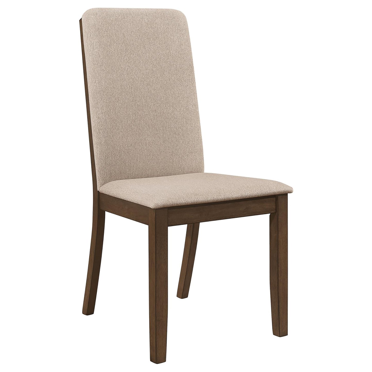 Modern dining chair with upholstered beige fabric seat and back wooden frame