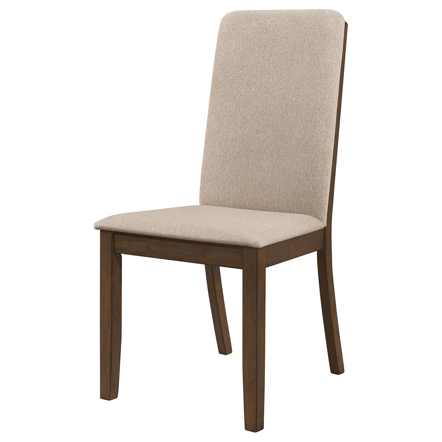 Elegant upholstered dining chair with a neutral beige fabric seat and back on dark wood legs