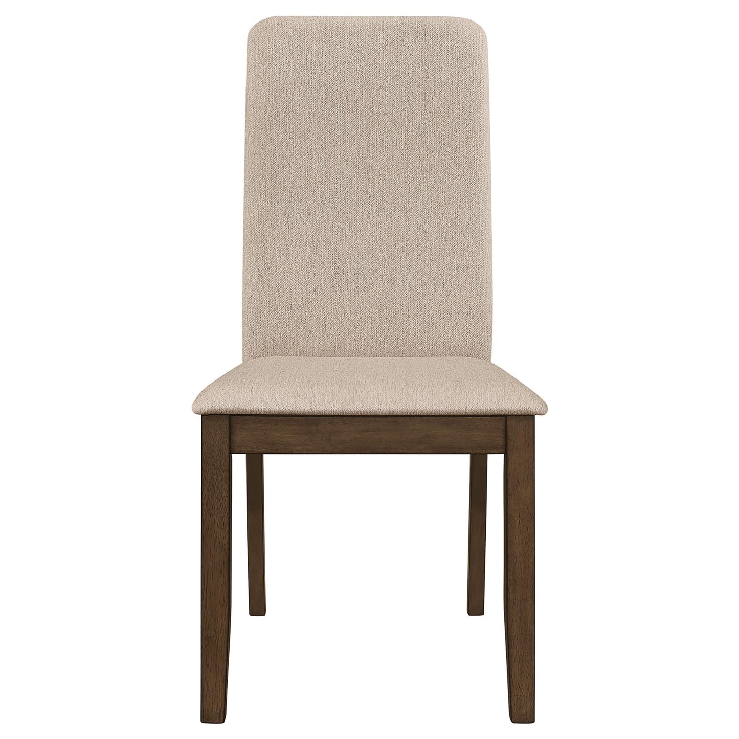 Upholstered dining chair with neutral fabric seat and back dark wood frame