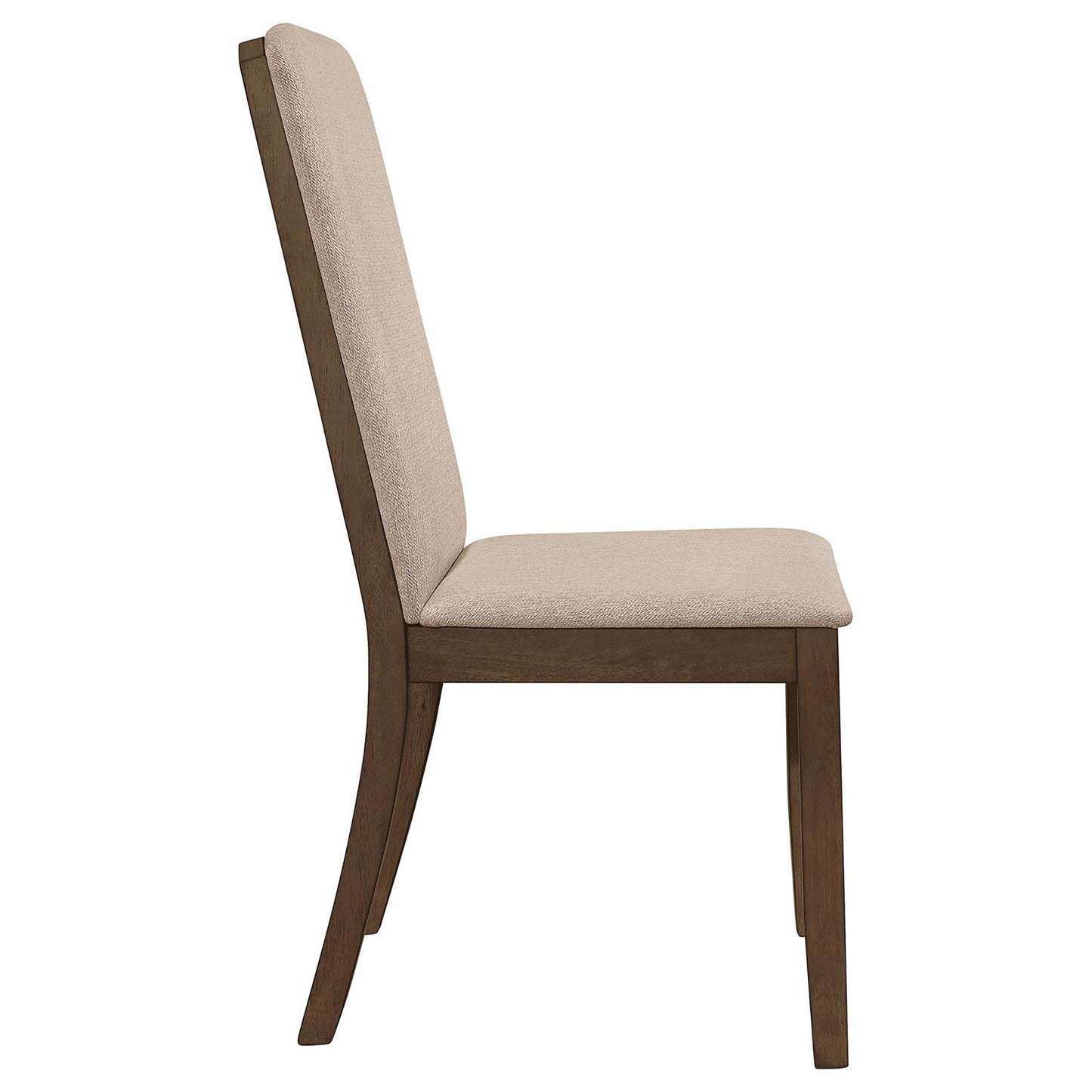 Side view of a modern upholstered dining chair with a light beige fabric seat and back on dark wood legs