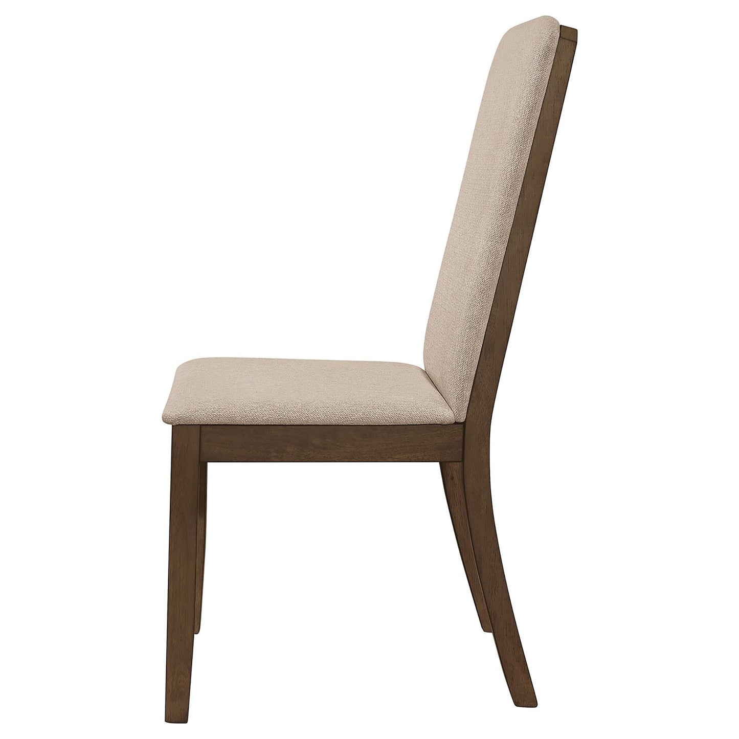 Side view of a light beige upholstered dining chair with a dark wood frame