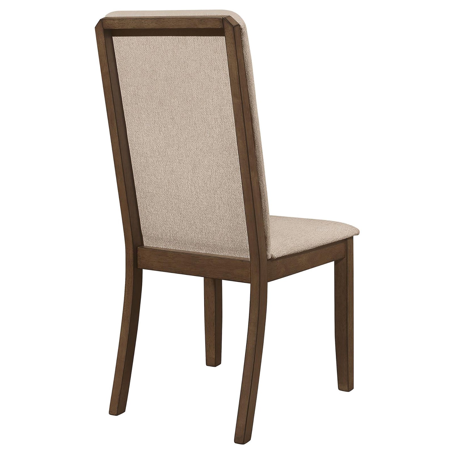 Upholstered dining chair with a textured beige fabric seat and back set in a dark wood frame