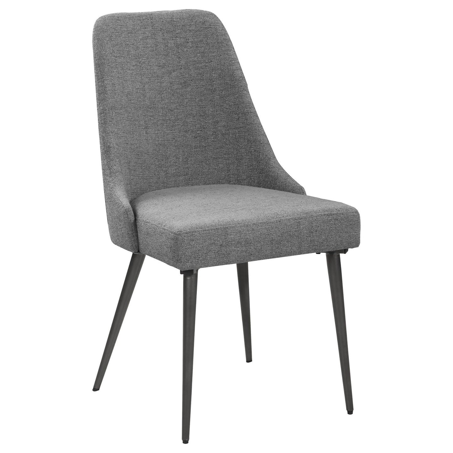 Grey fabric dining chair with sleek dark metal legs for modern kitchens