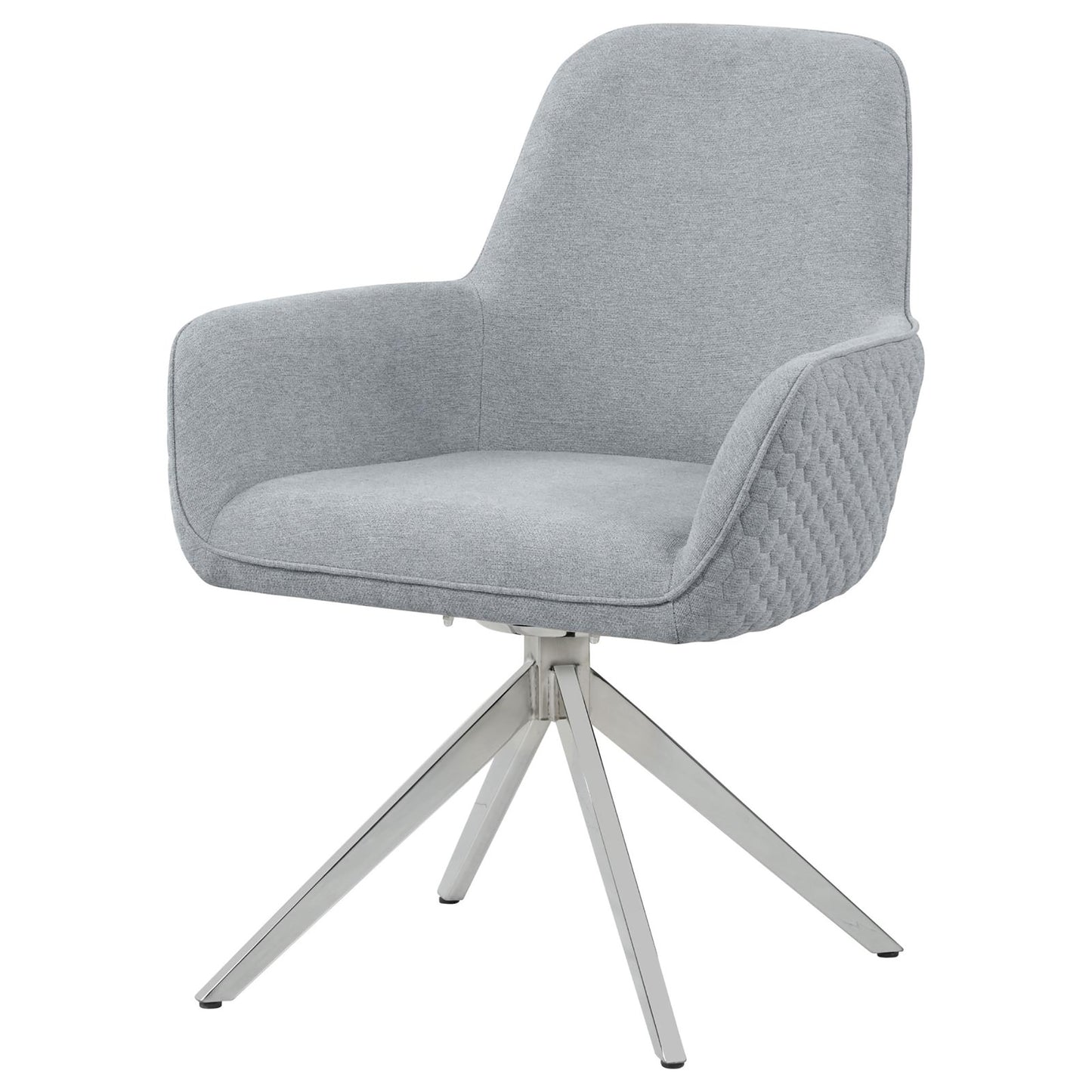 Grey fabric accent chair with quilted arms and a polished chrome swivel base